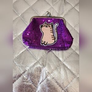 Hand Crafted Purple Sequin Cat Kiss Lock Coin Purse